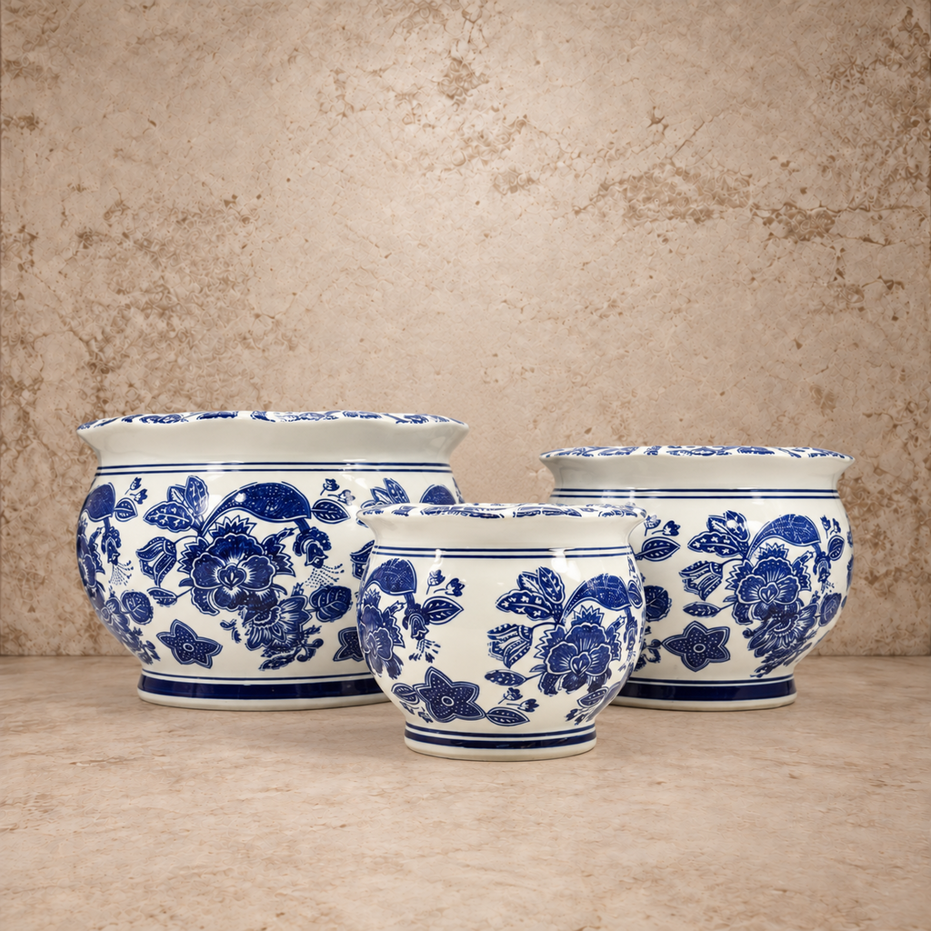Blue + White Round Ceramic Chinoiserie Pot