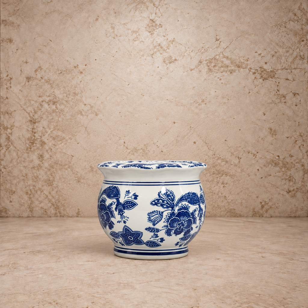 Blue + White Round Ceramic Chinoiserie Pot
