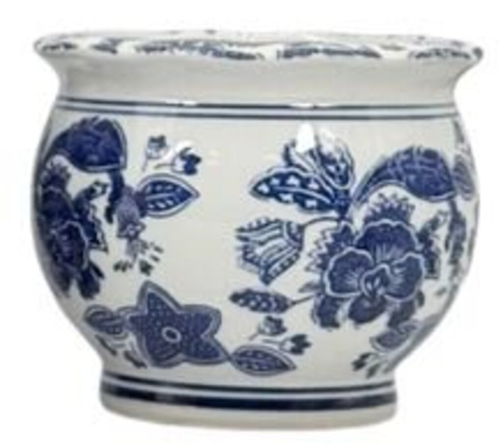 Blue + White Round Ceramic Chinoiserie Pot