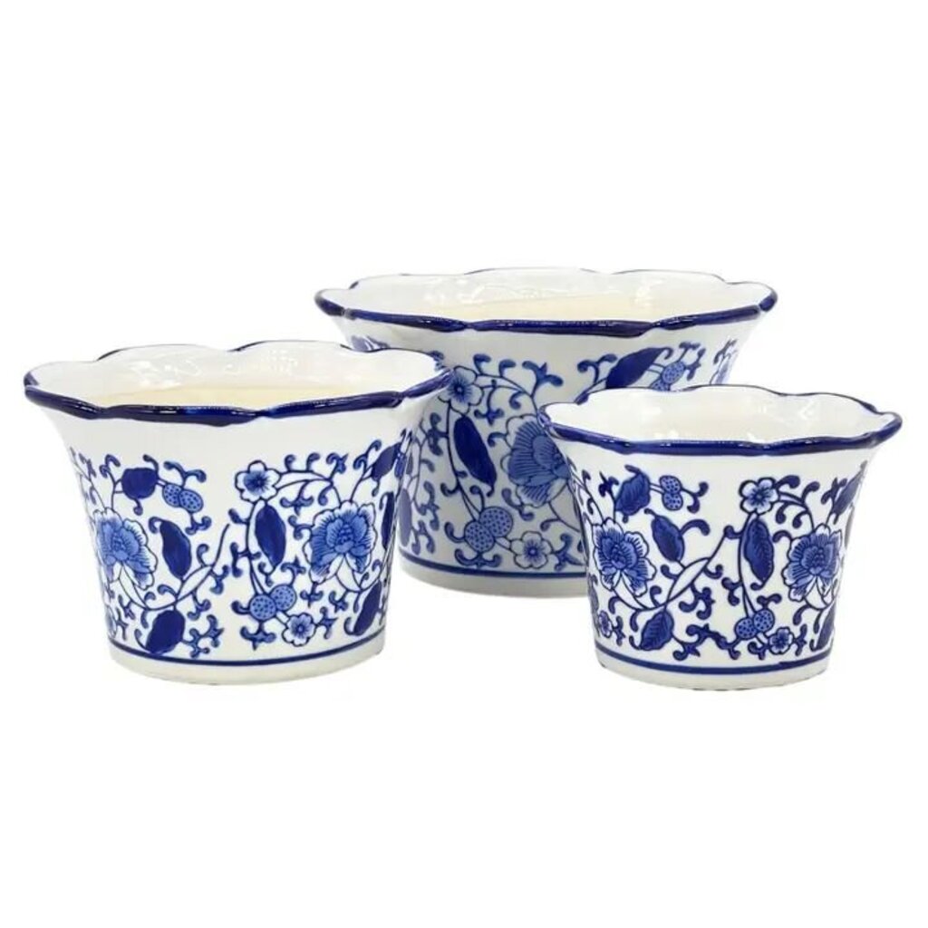 Blue + White Floral Ruffled Lip Pot