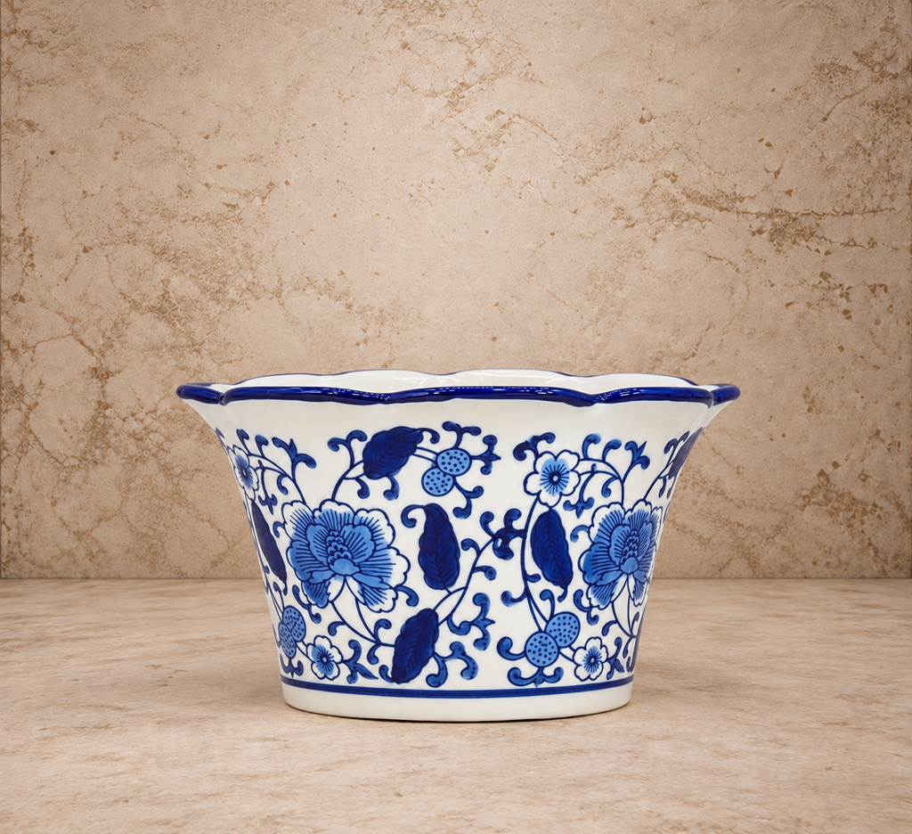 Blue + White Floral Ruffled Lip Pot