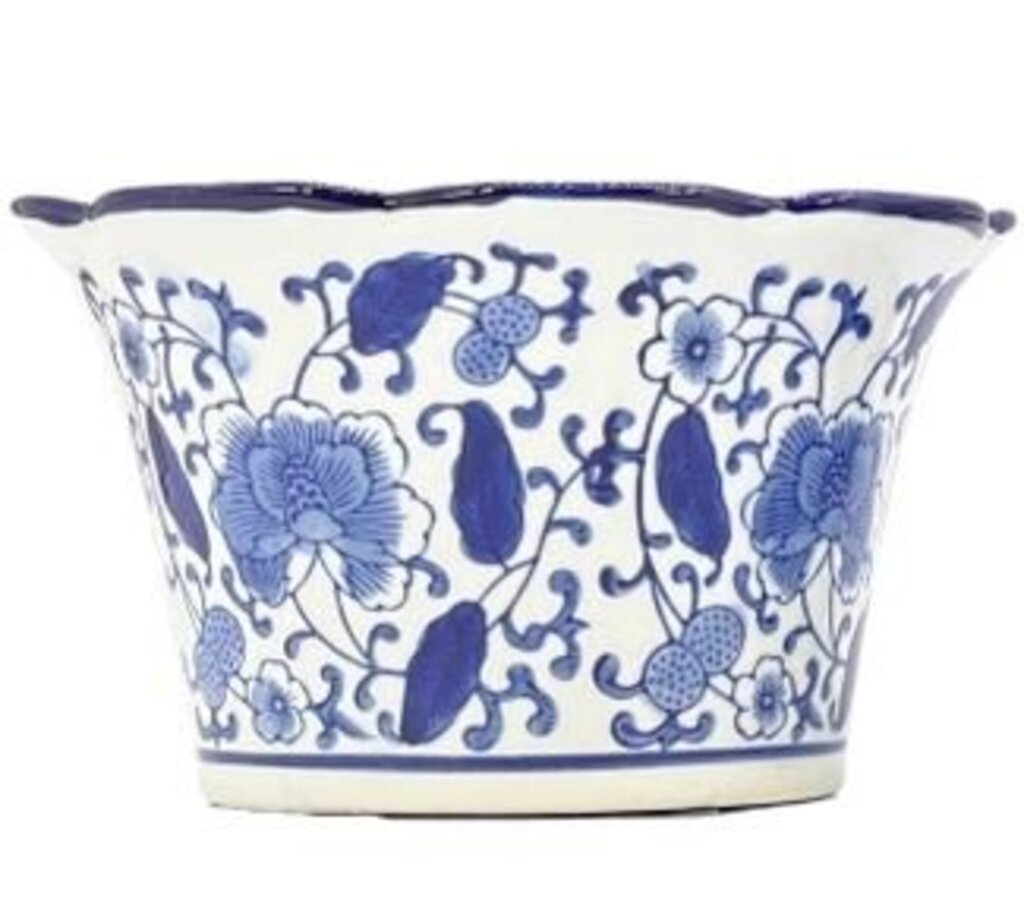 Blue + White Floral Ruffled Lip Pot