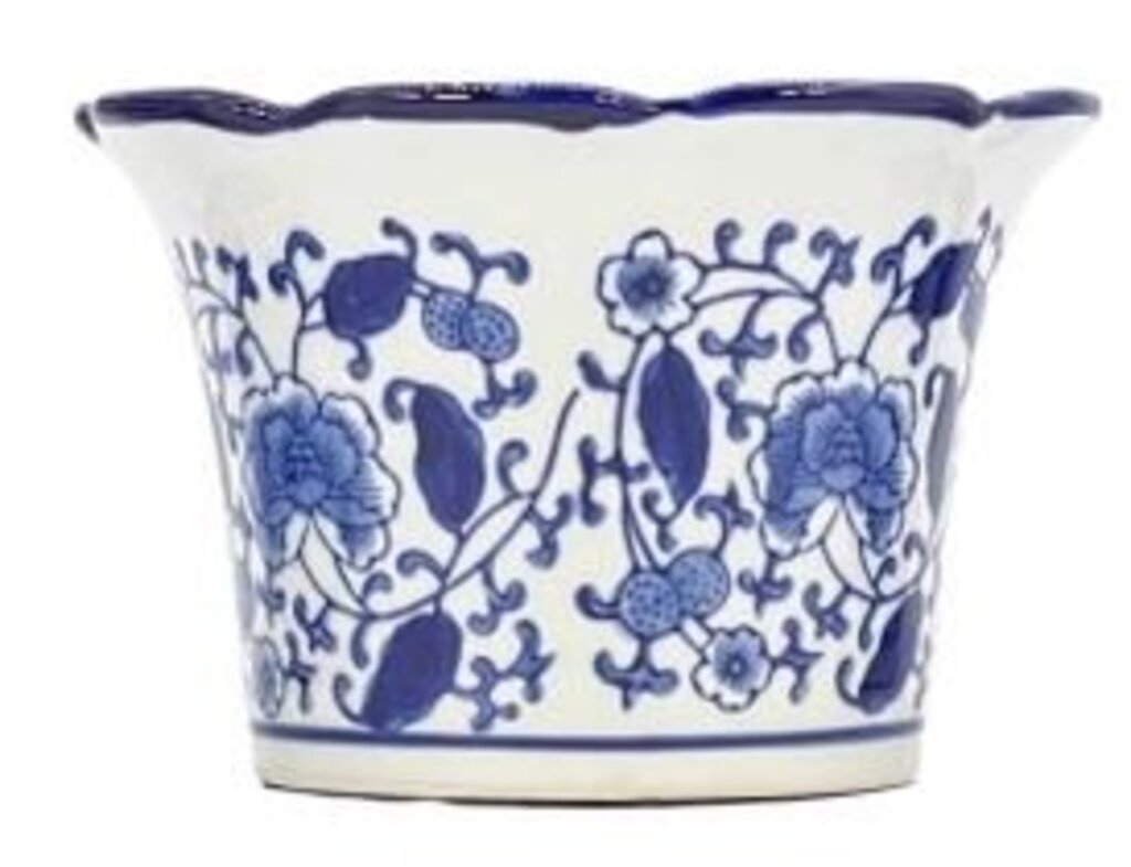 Blue + White Floral Ruffled Lip Pot