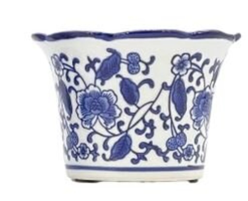 Blue + White Floral Ruffled Lip Pot