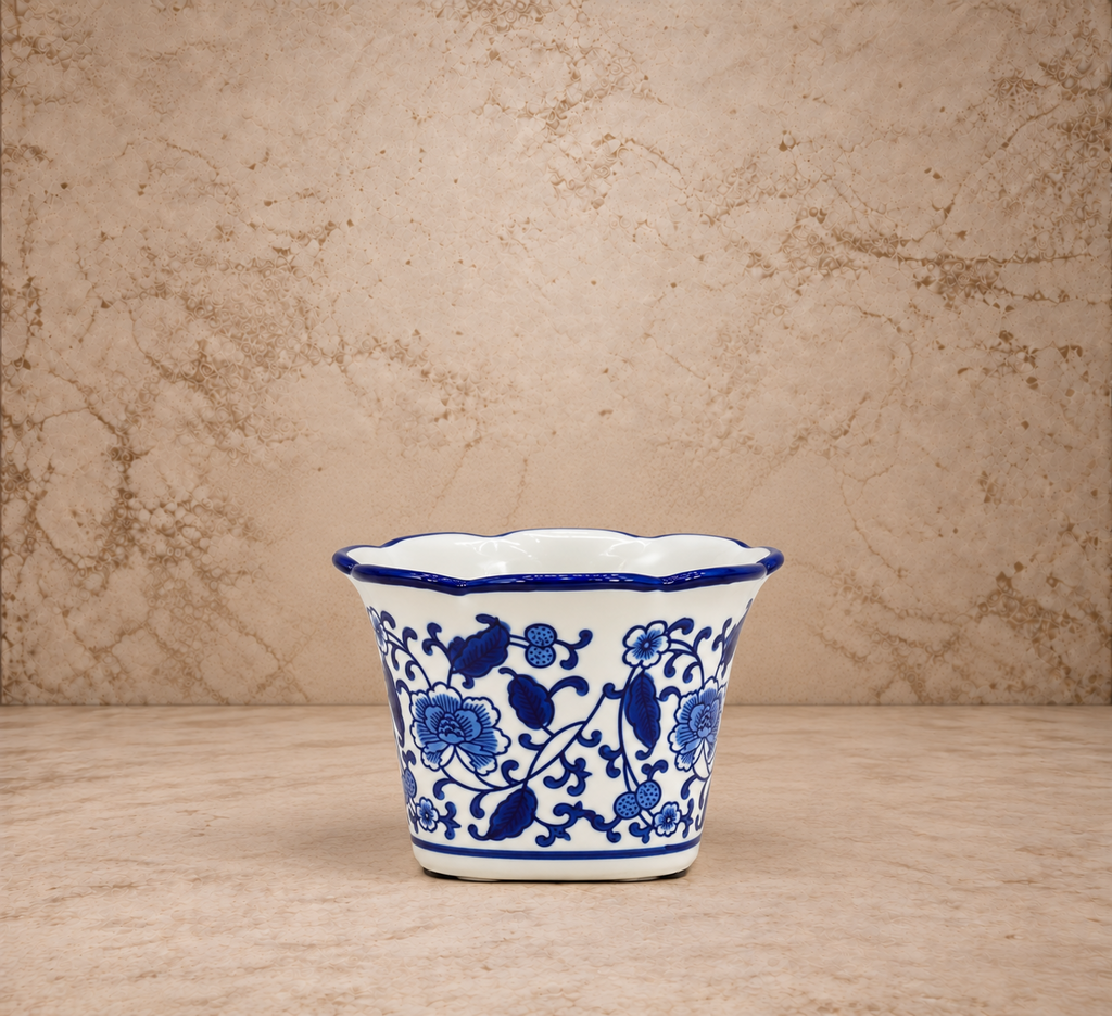 Blue + White Floral Ruffled Lip Pot