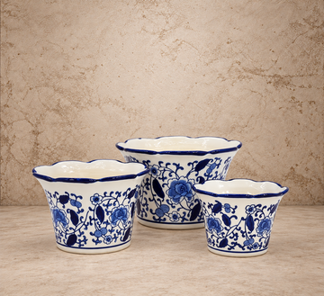 Blue + White Floral Ruffled Lip Pot