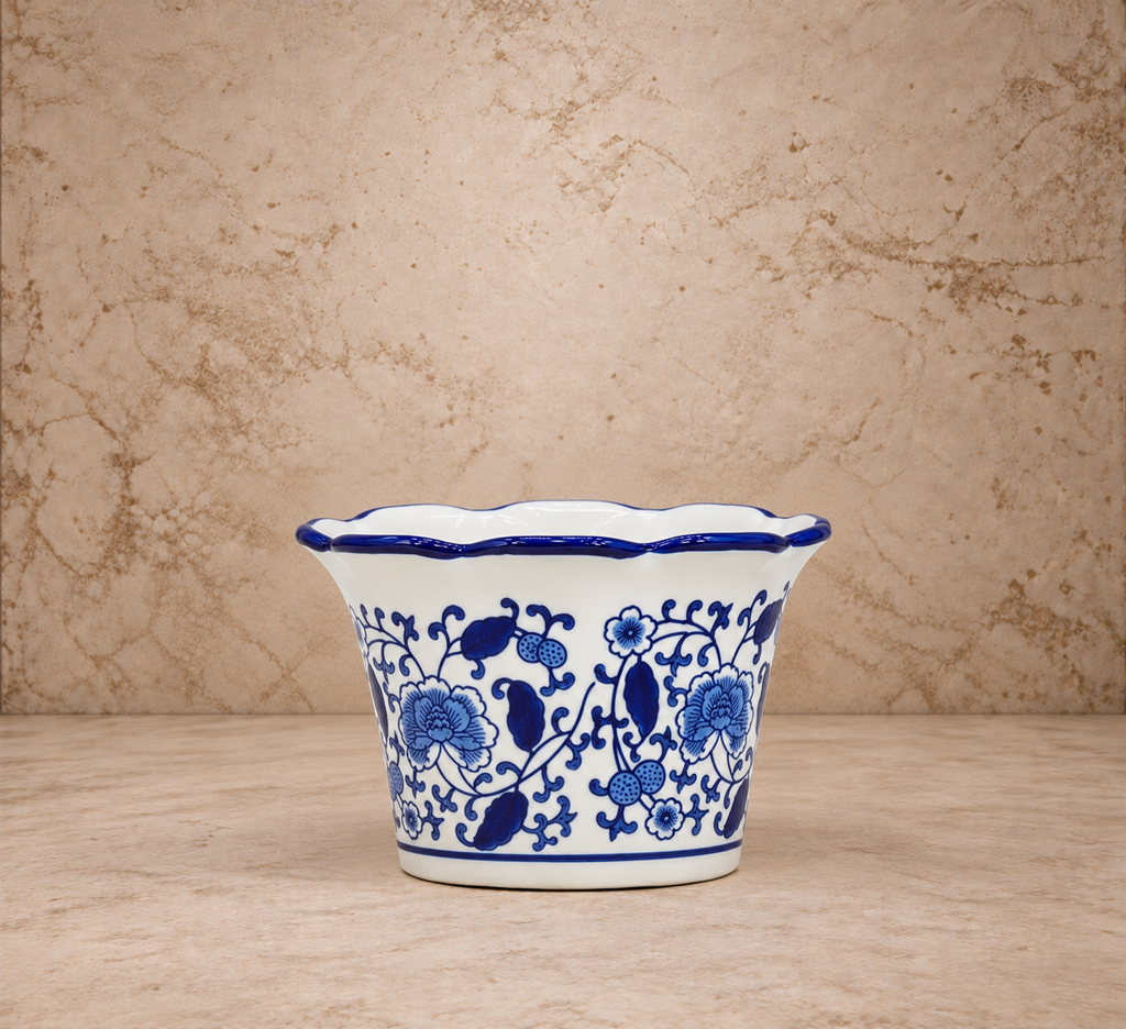 Blue + White Floral Ruffled Lip Pot