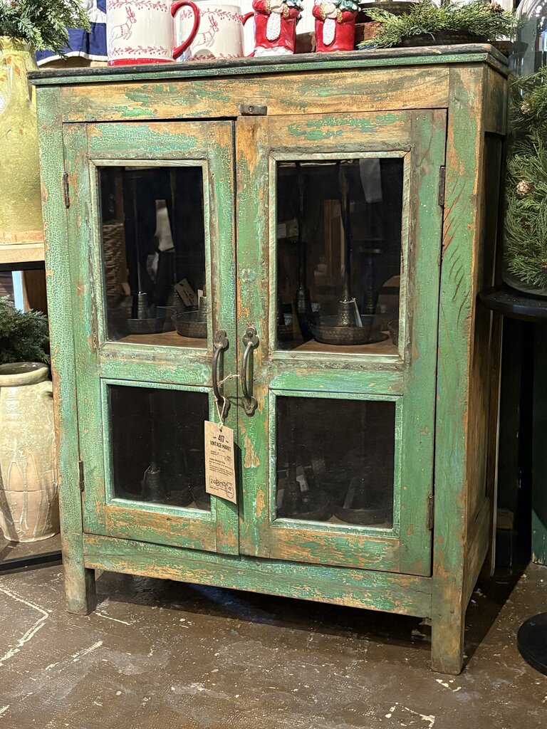 Green Wood Two Glass Door Mini Cabinet