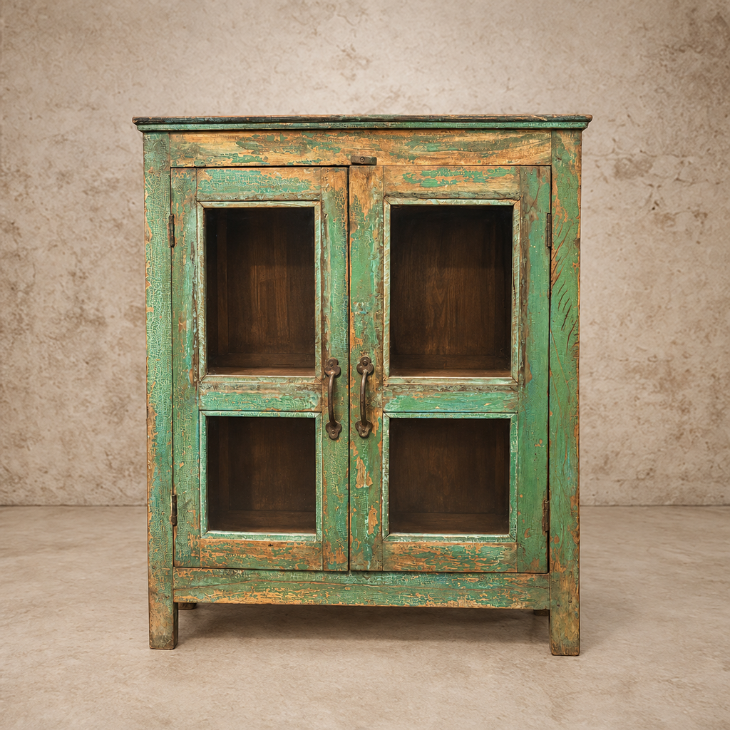 Green Wood Two Glass Door Mini Cabinet