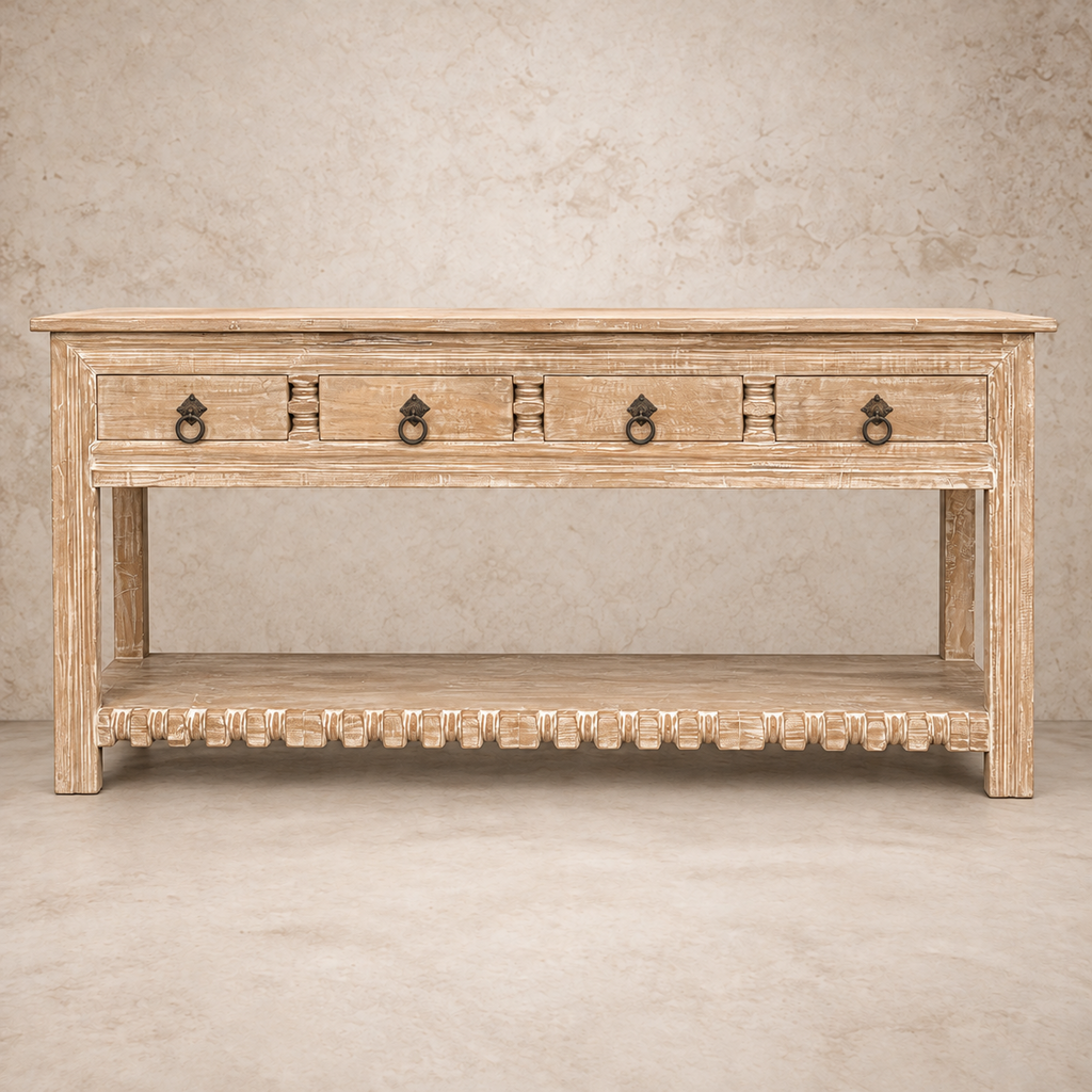Light Wood Carved Open Sideboard with Four Drawers