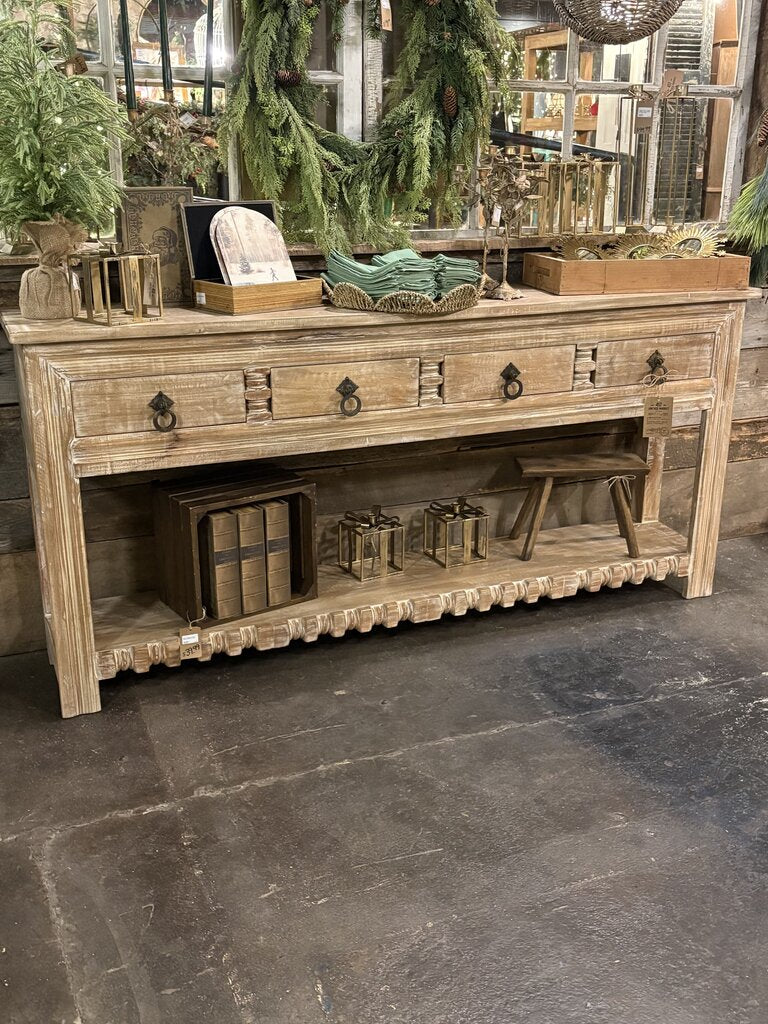 Light Wood Carved Open Sideboard with Four Drawers