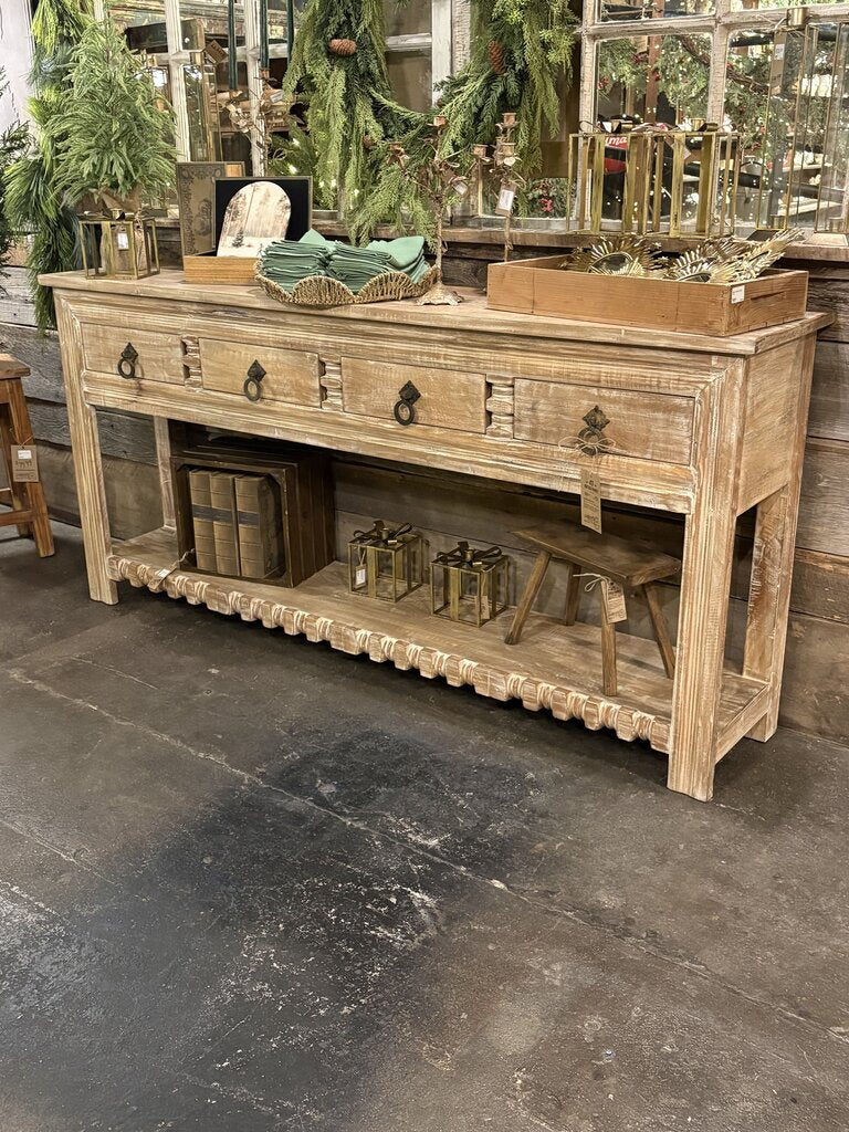 Light Wood Carved Open Sideboard with Four Drawers