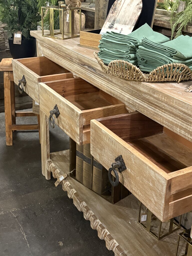 Light Wood Carved Open Sideboard with Four Drawers