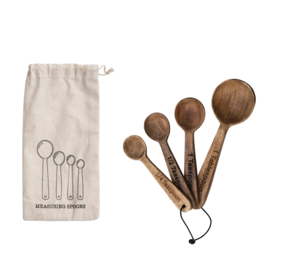 Mango Wood Measuring Spoons in Drawstring Bag