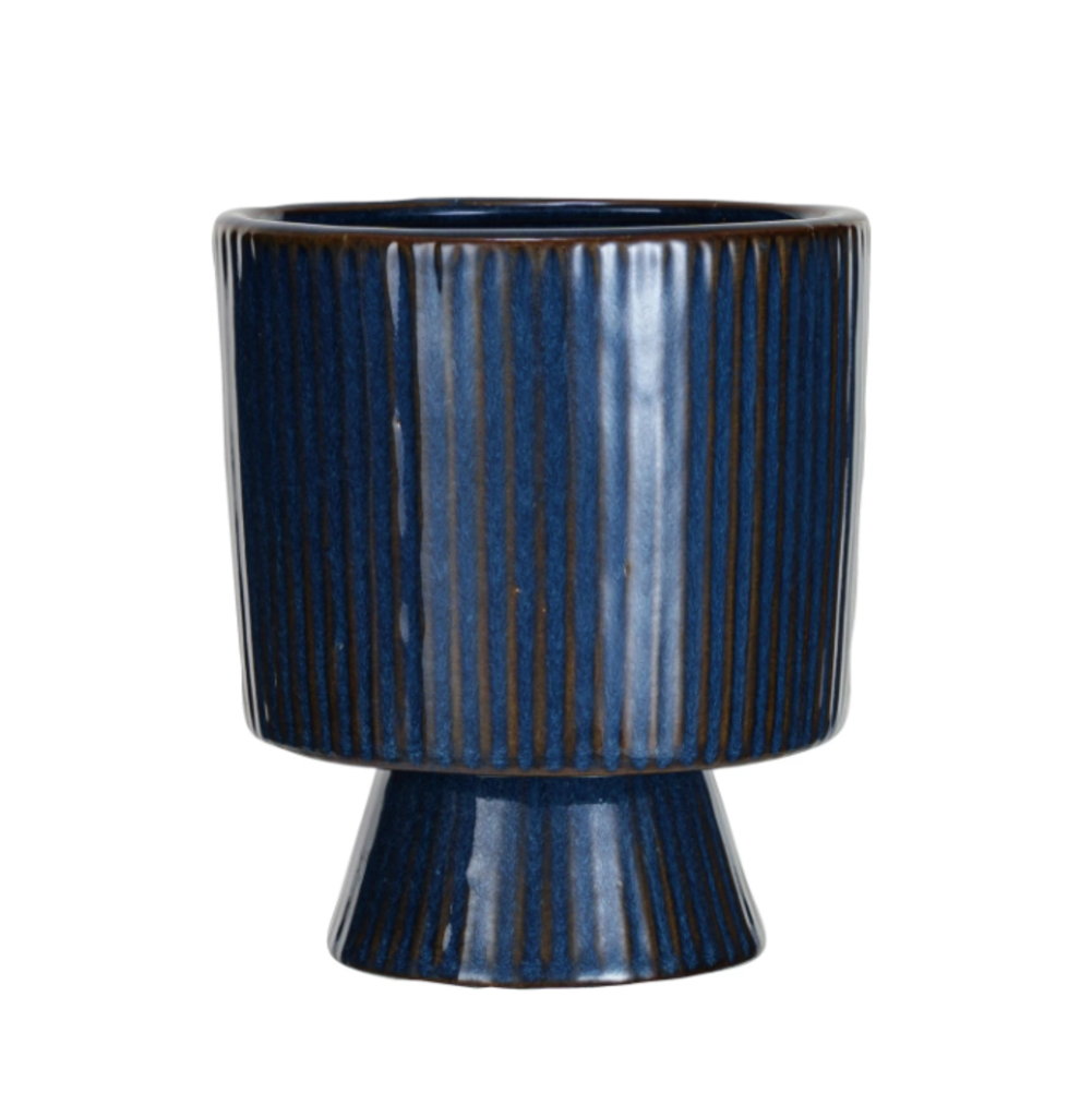 Blue Stoneware Fluted Footed Planter